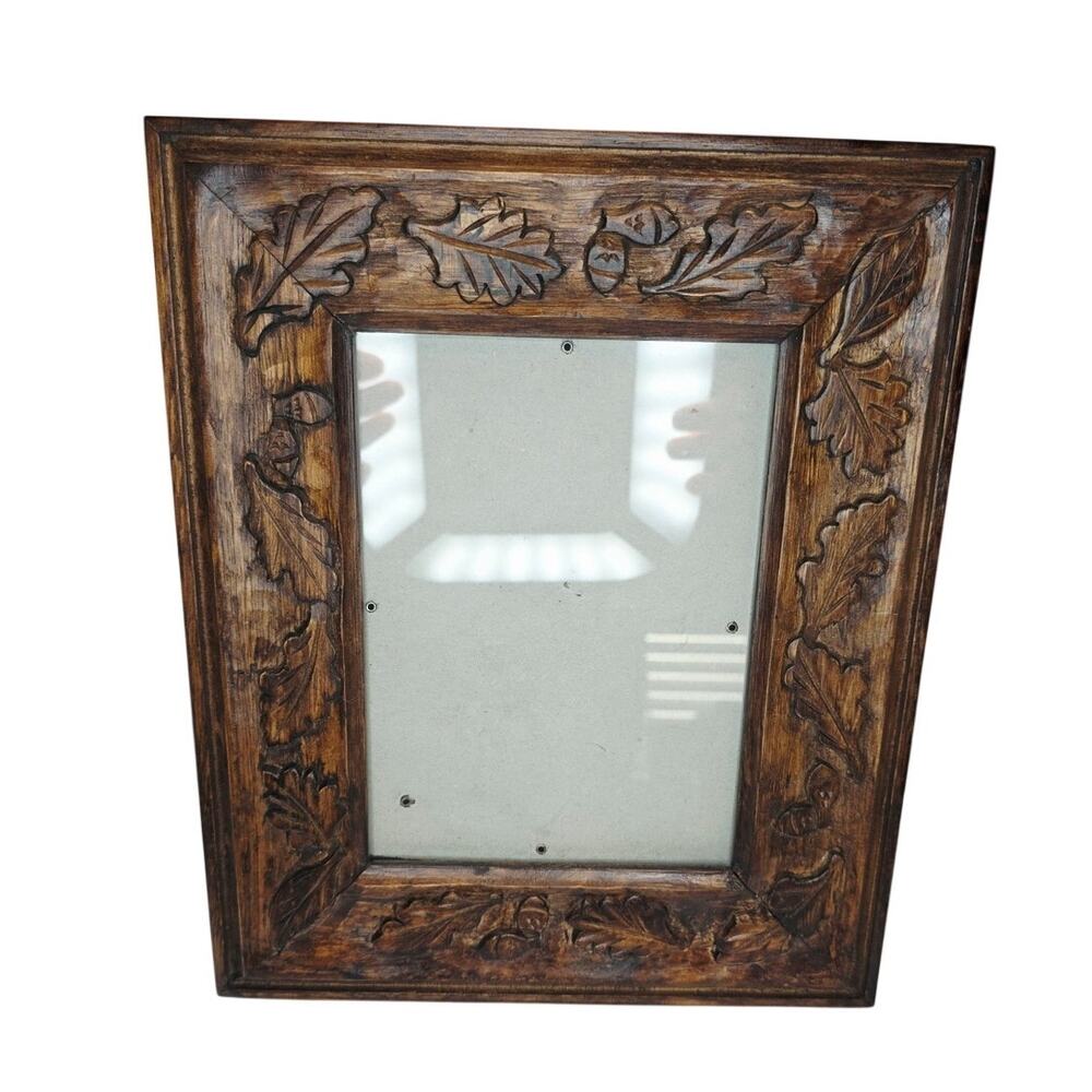 Vintage Hand Carved Wood Oak Leaf & Acorn 5x7 Picture Frame Rustic Cabin Decor